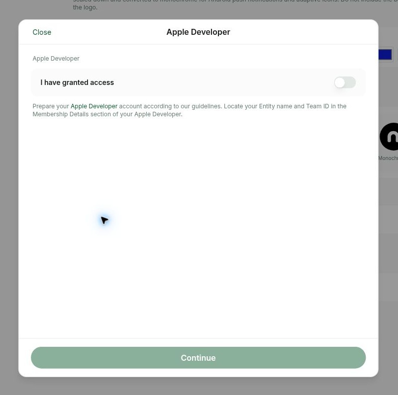 Apple Developer setup dialog in Member mobile app