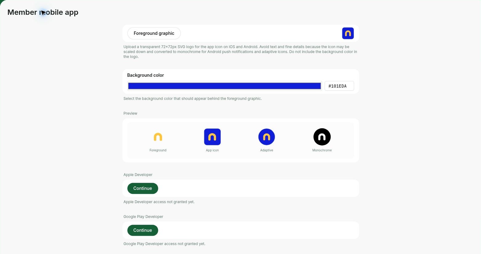 Member mobile app settings with icon previews and Apple and Google developer account setup
