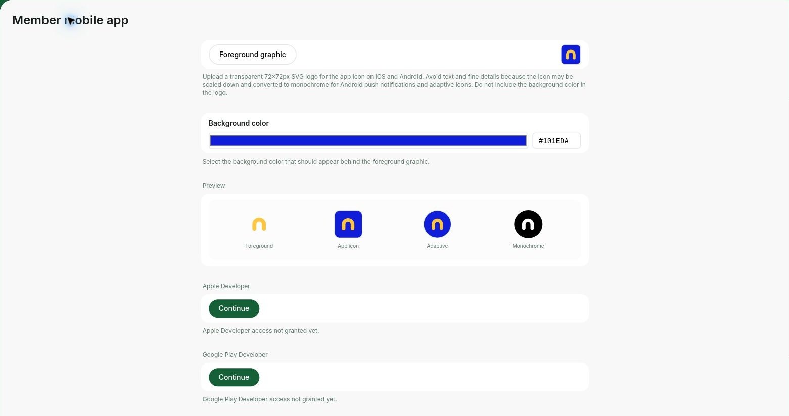 Member mobile app settings with icon previews and Apple and Google developer account setup