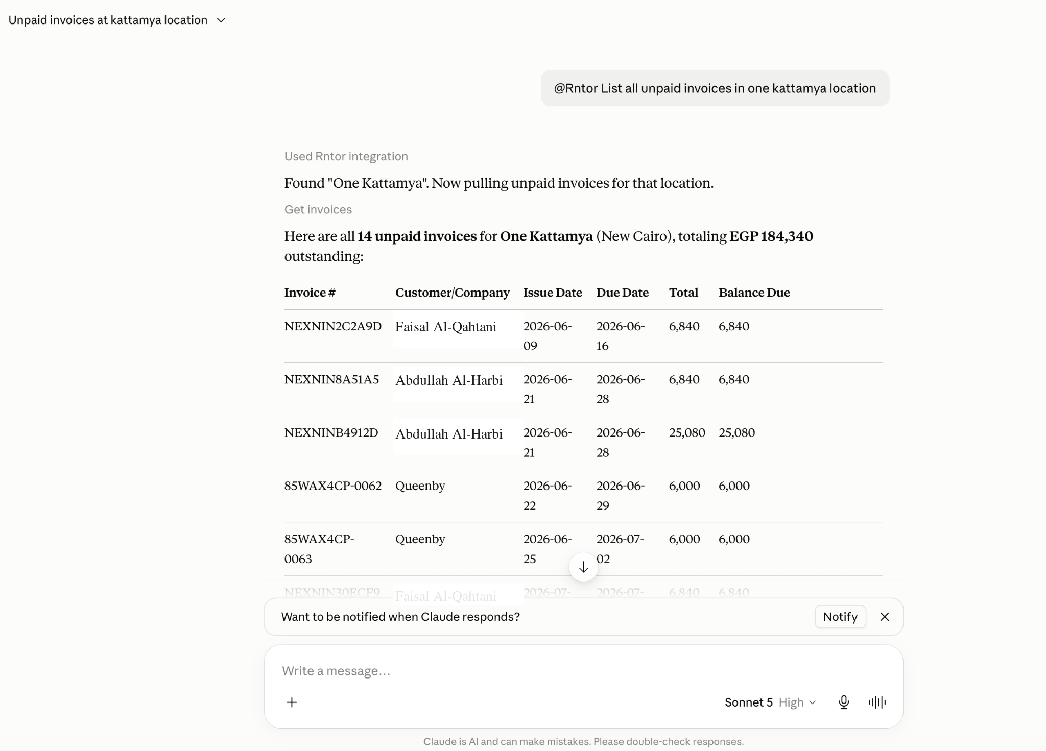 A Claude conversation listing unpaid invoices from RNTOR
