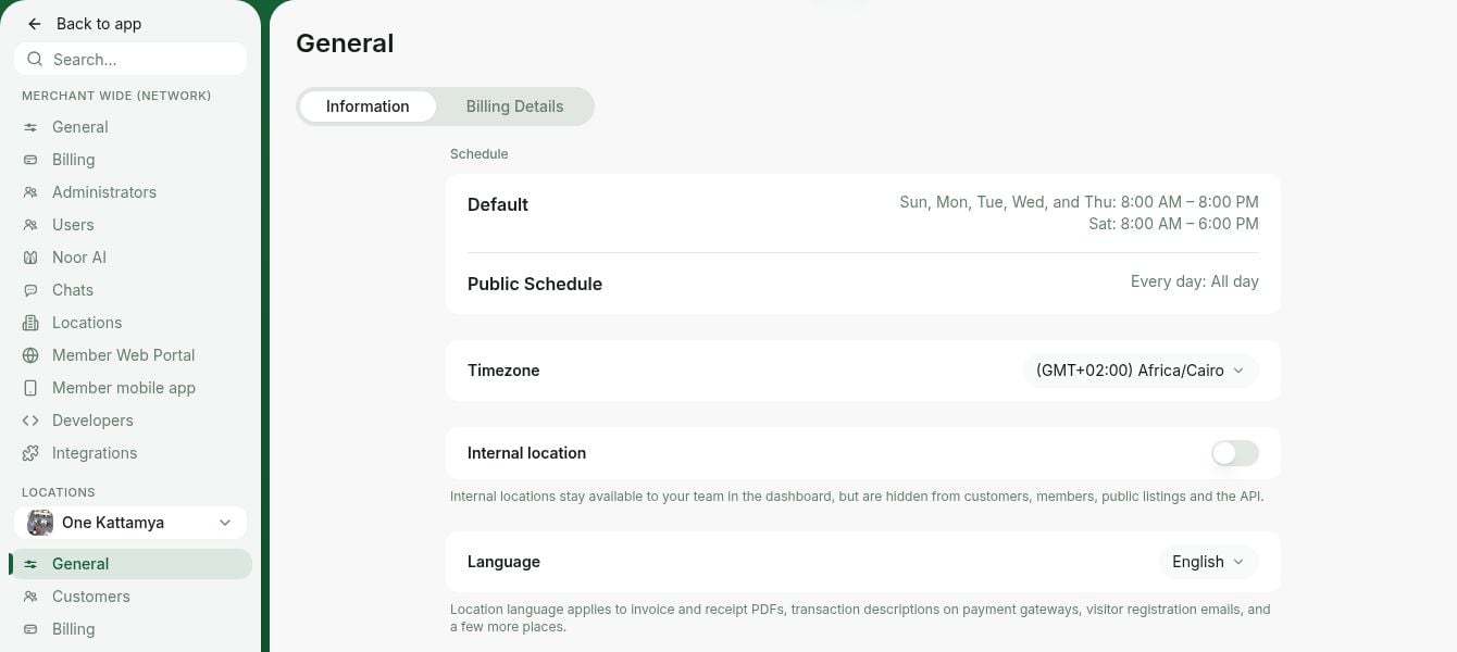 Location language in Rntor's General settings, Information tab
