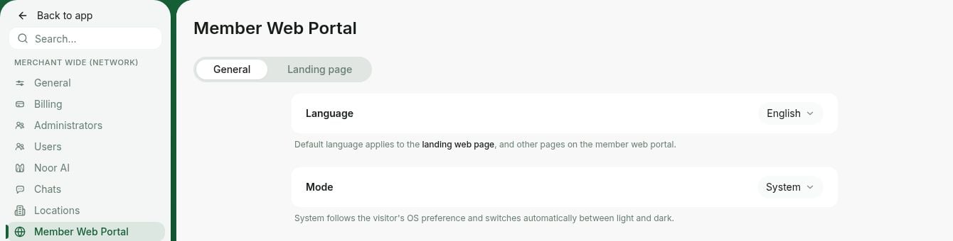 Network language in Rntor's Member Web Portal settings