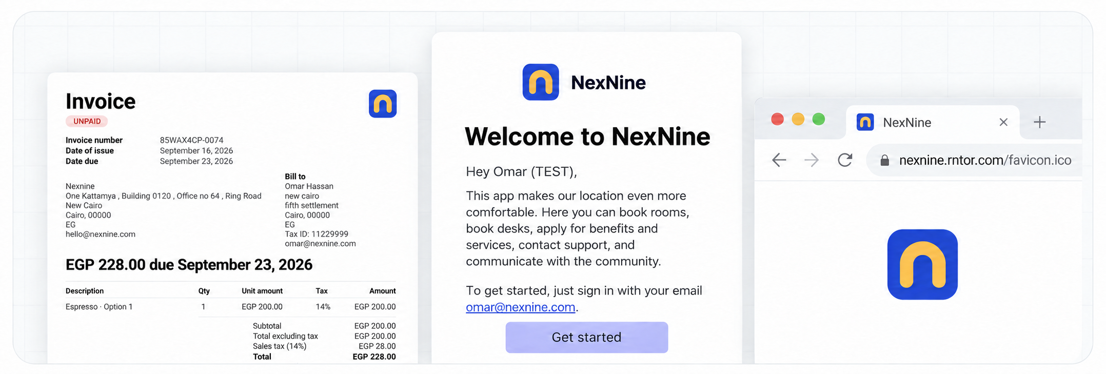 شعار NexNine وأيقونته في الفاتورة ورسالة الترحيب والمتصفح