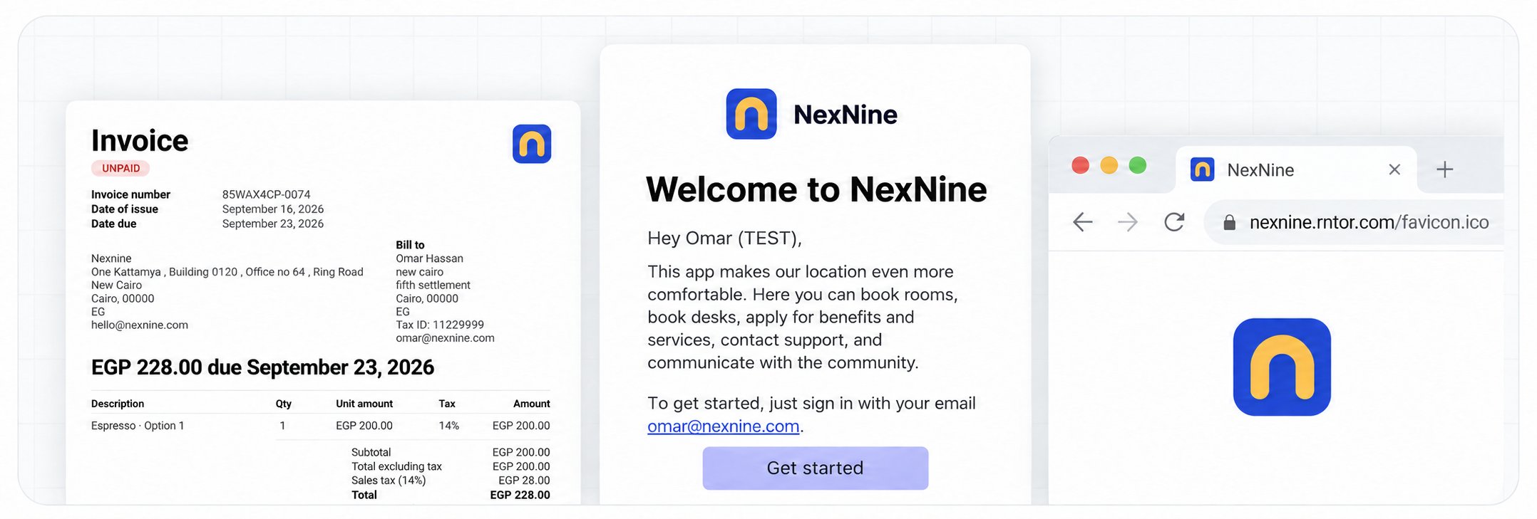 شعار NexNine وأيقونته في الفاتورة ورسالة الترحيب والمتصفح
