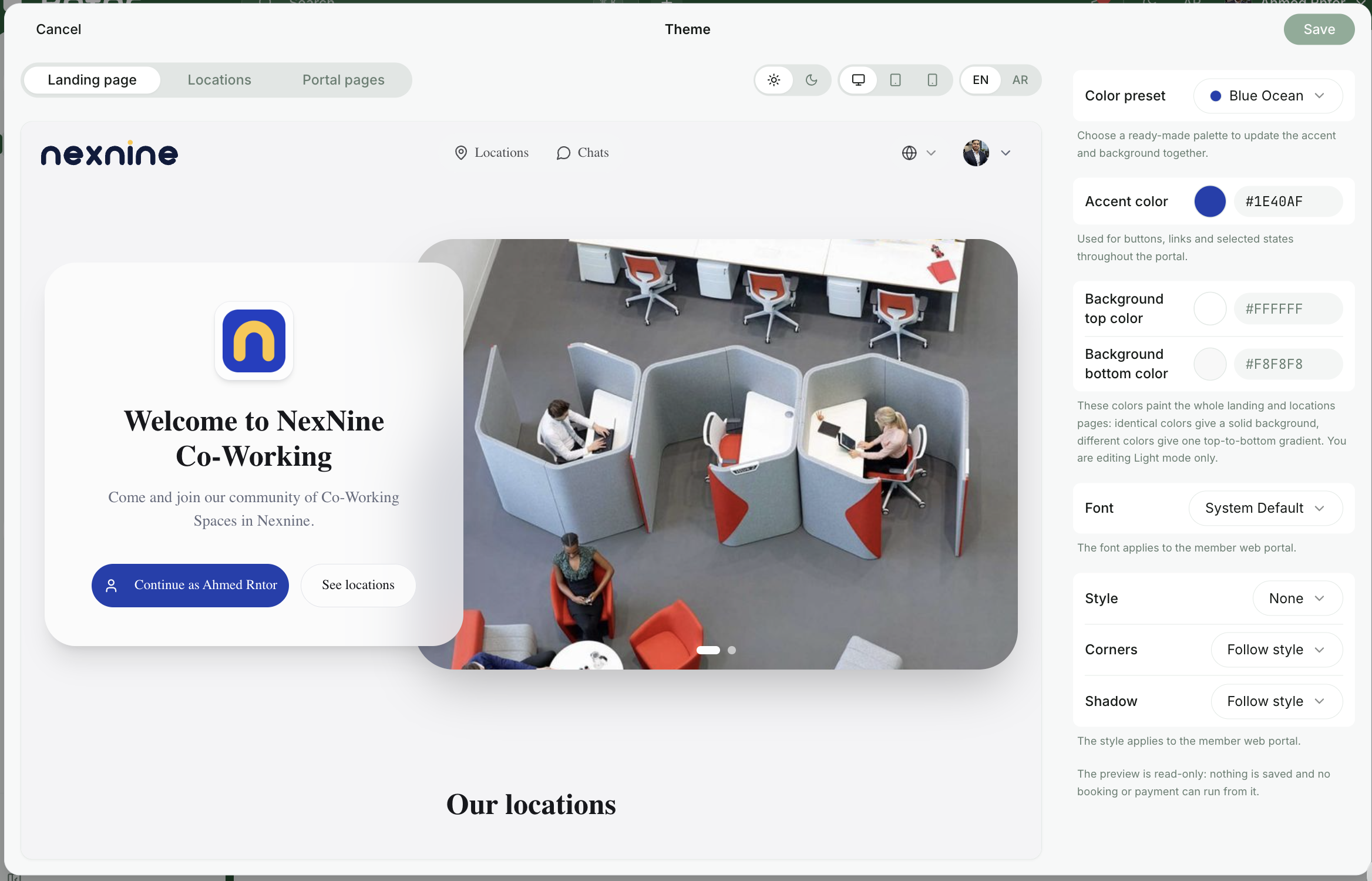 محرر المظهر مع معاينة بوابة NexNine وإعدادات الألوان والخط والنمط