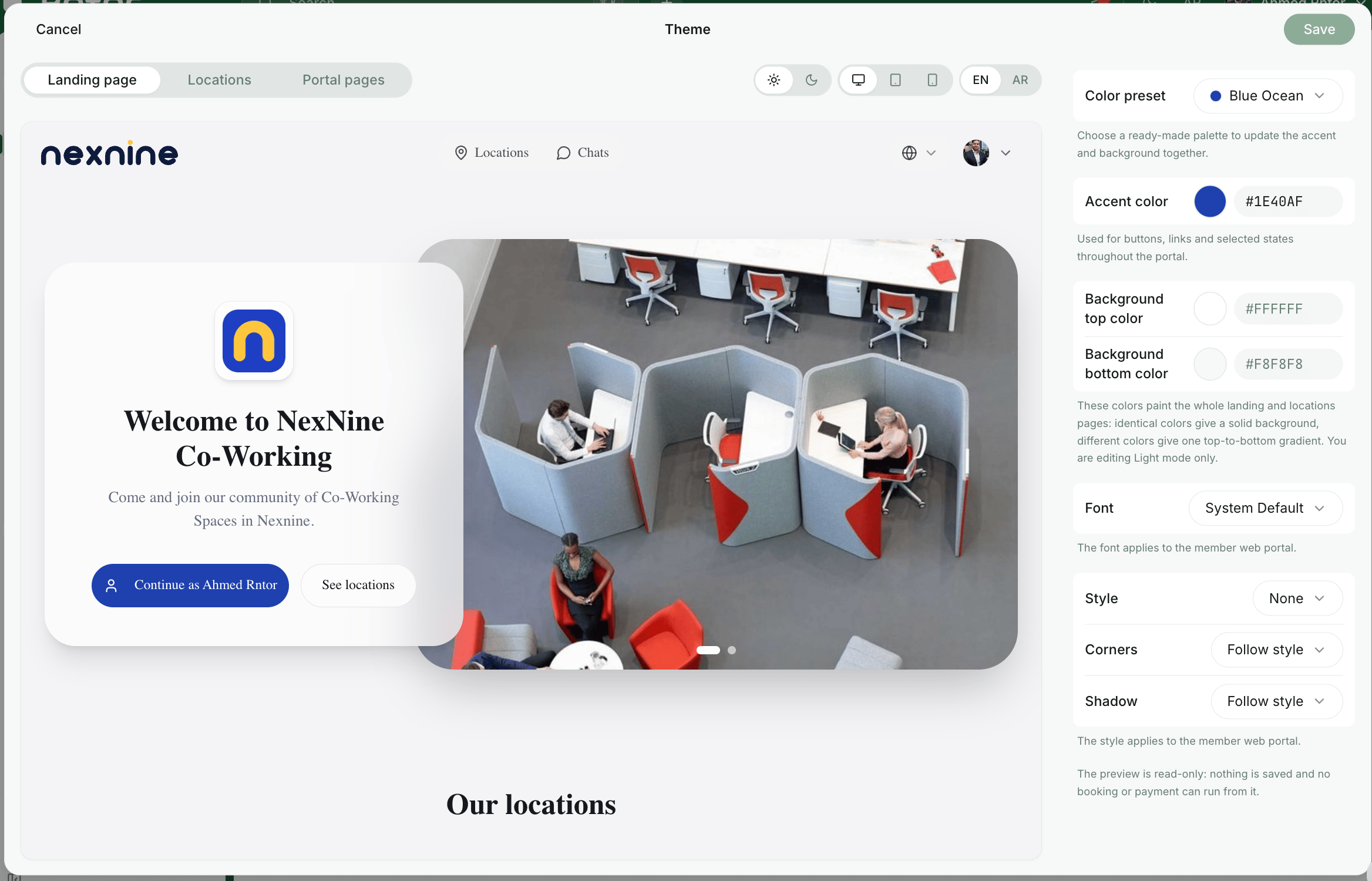 محرر المظهر مع معاينة بوابة NexNine وإعدادات الألوان والخط والنمط