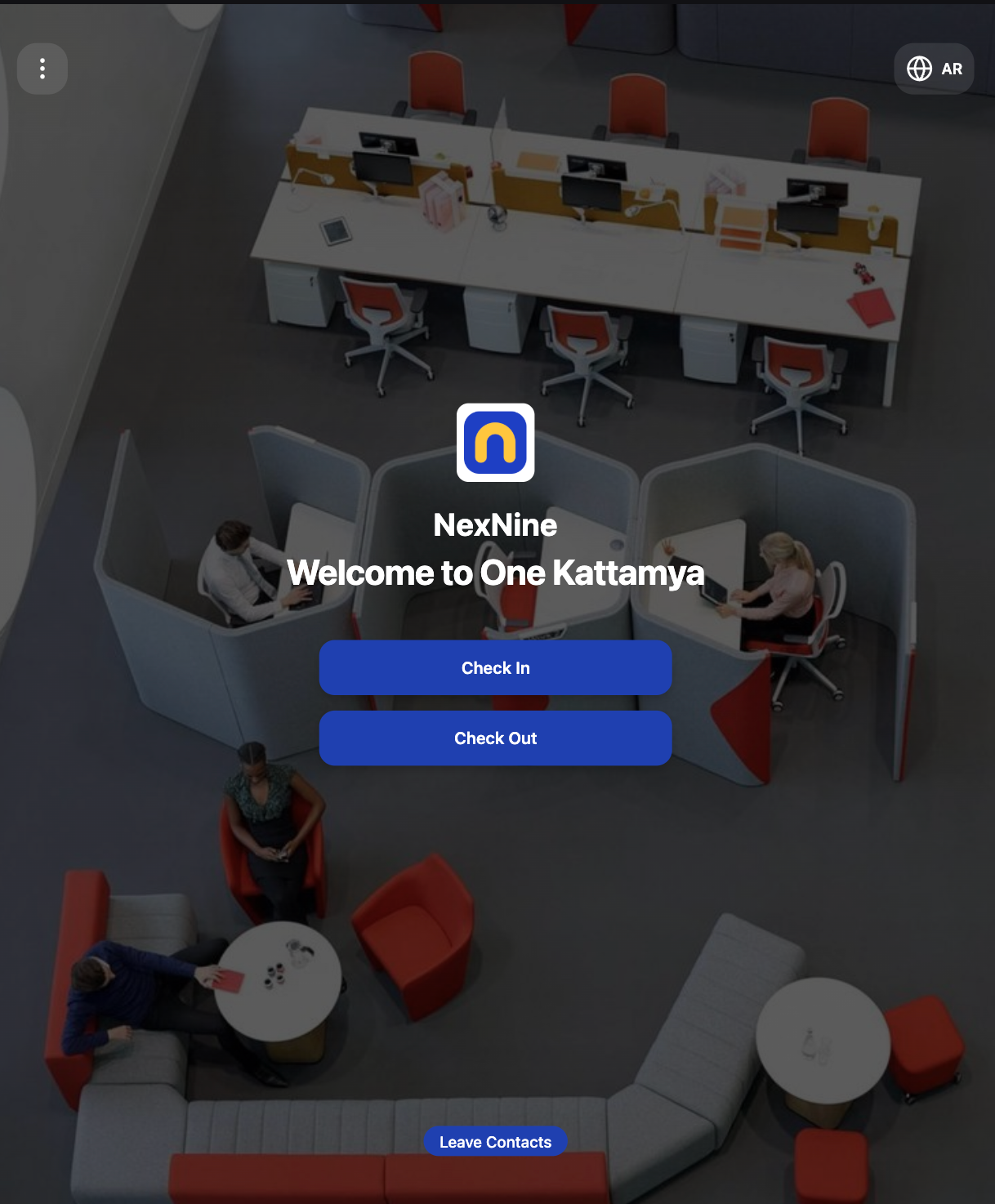 Rntor Reception welcome screen for NexNine, One Kattamya, showing Check In and Check Out