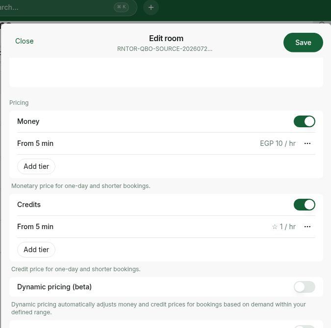 Configure money and credit pricing for a room in RNTOR