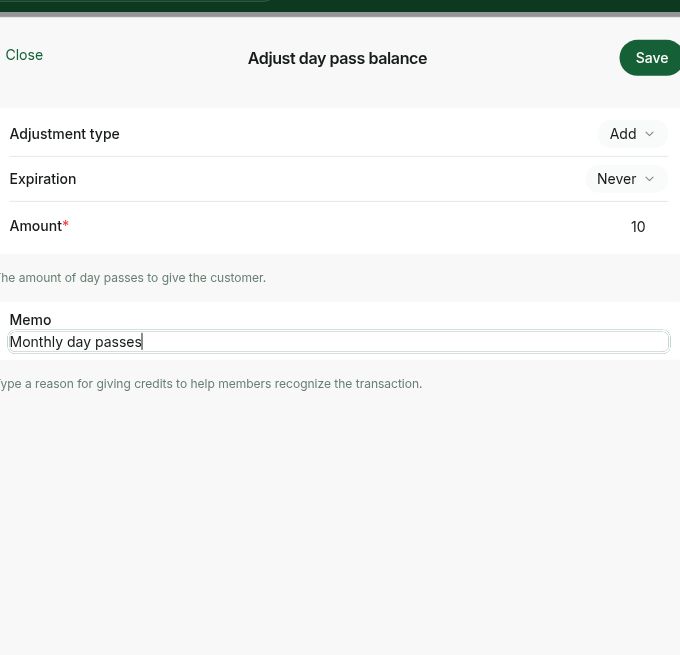 Add day passes to a customer balance in RNTOR