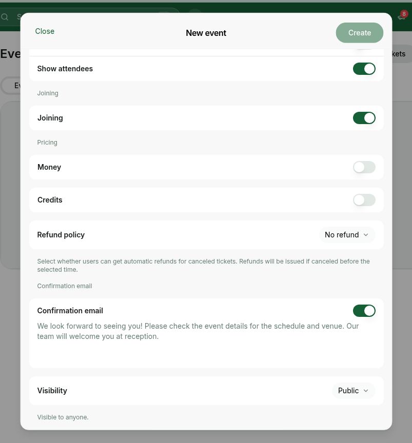 Event confirmation settings in Rntor