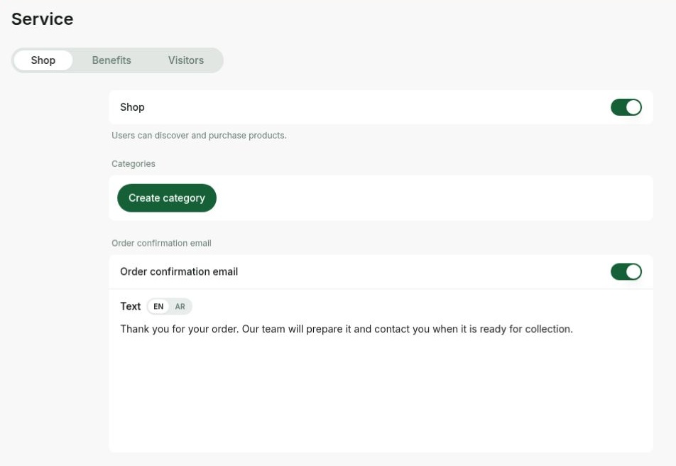 Shop order confirmation settings in Rntor