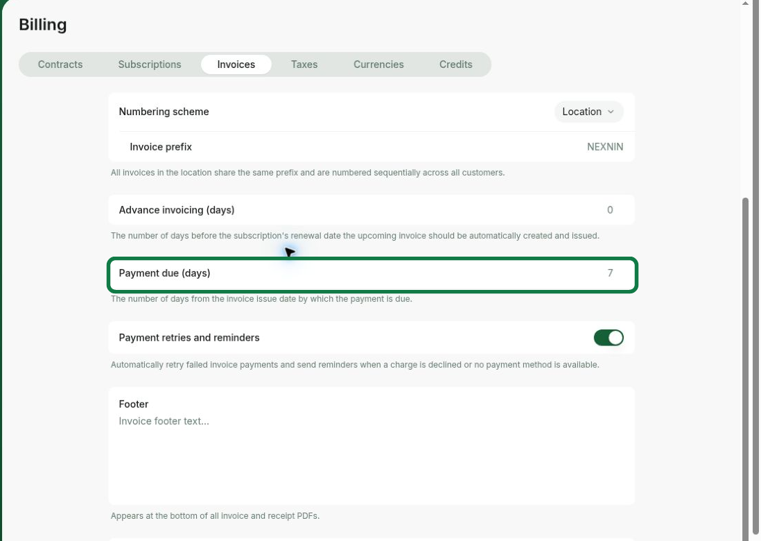 Set the default invoice payment due value for a location in RNTOR