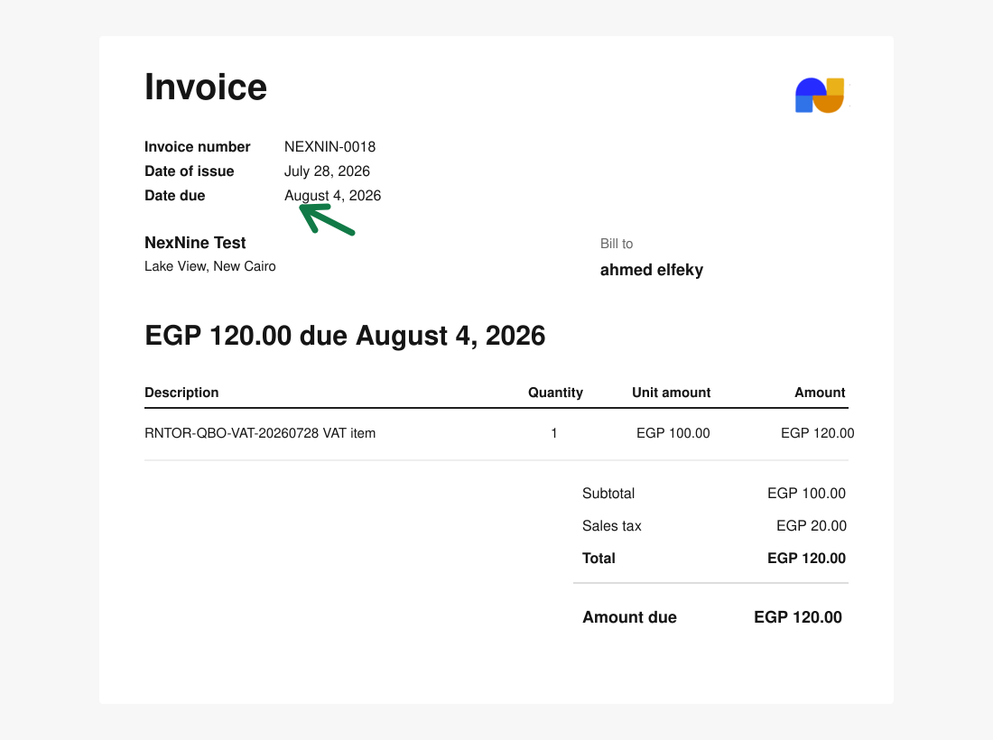 Invoice payment due date displayed on an invoice PDF in RNTOR