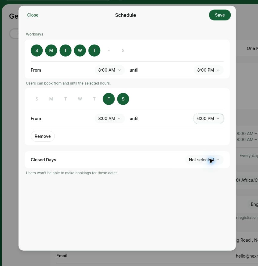 Set different hours within workdays on RNTOR coworking space management platform