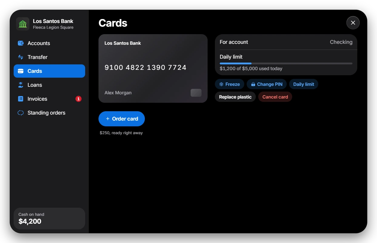 Cards screen with a debit card, daily limit and card actions