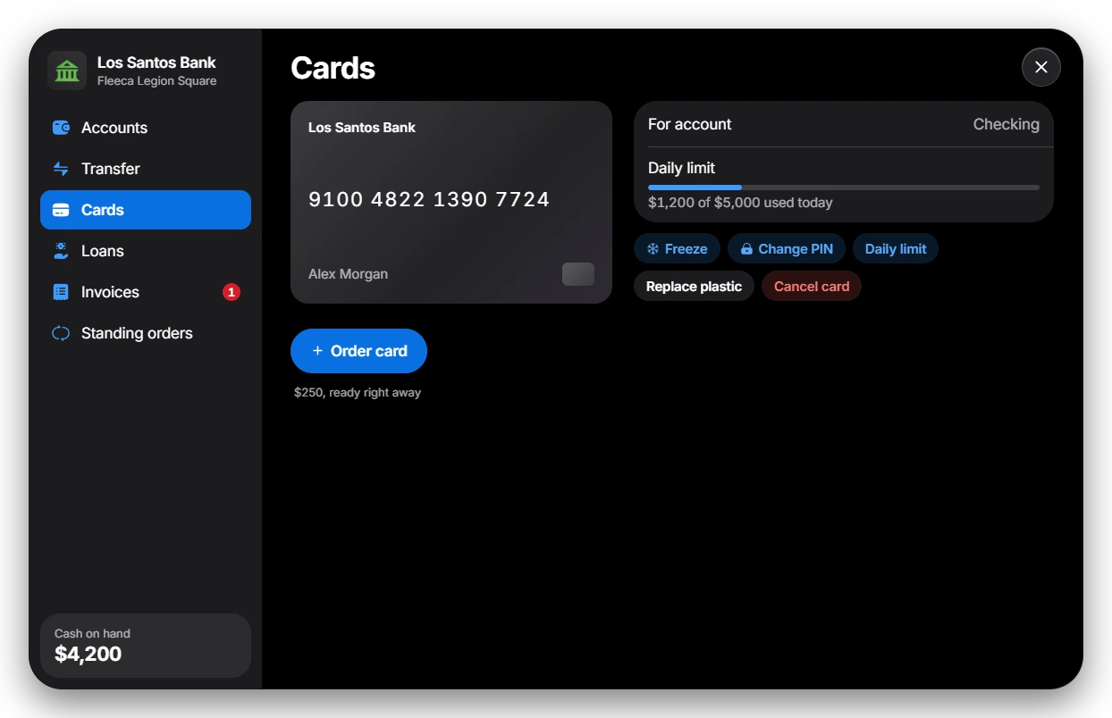 Cards screen with a debit card, daily limit and card actions