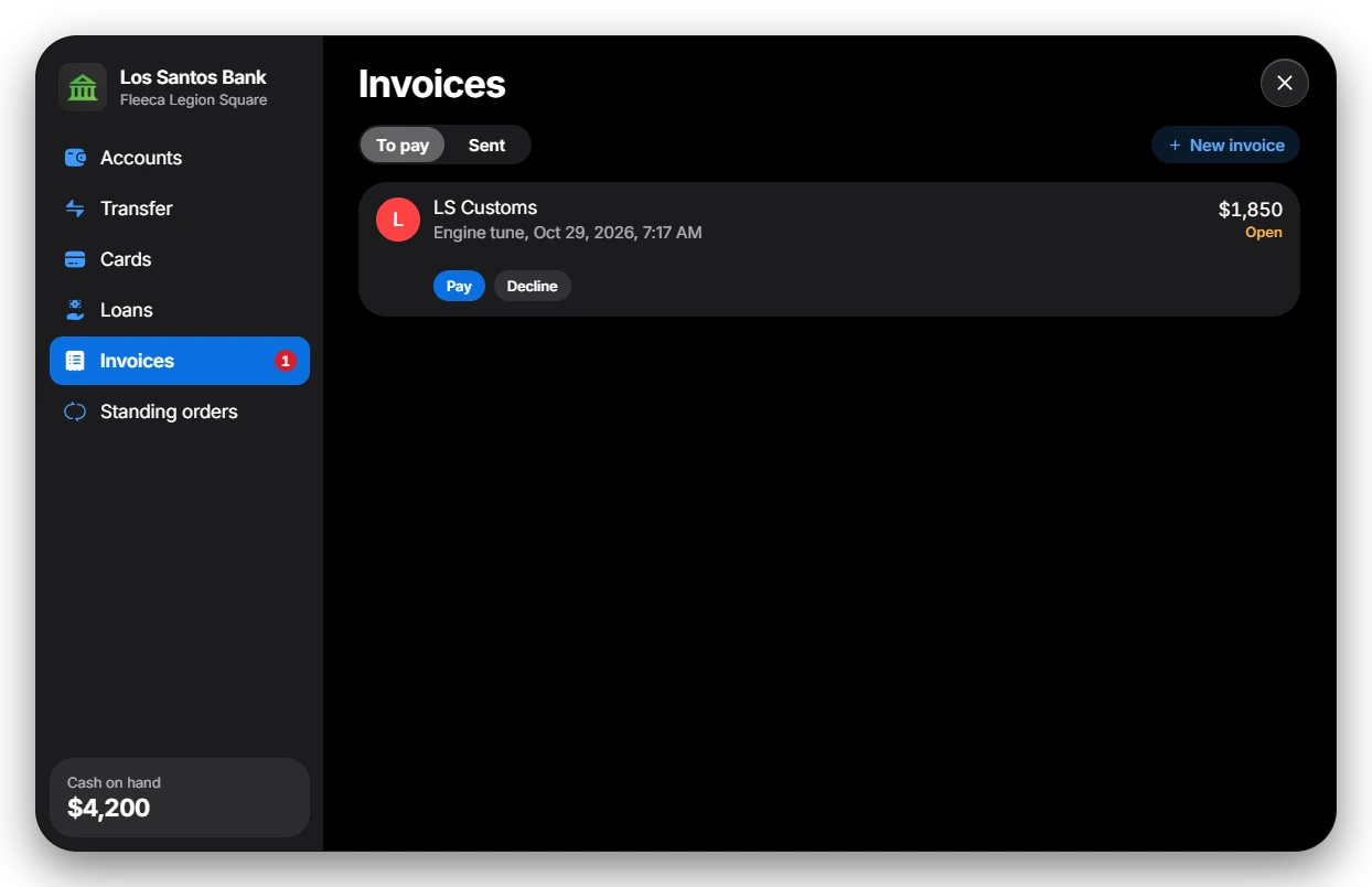Invoices screen with an open invoice to pay or decline