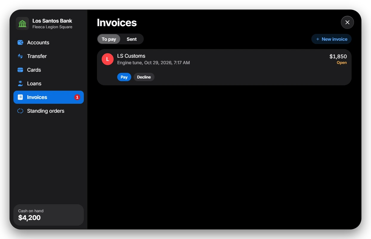 Invoices screen with an open invoice to pay or decline