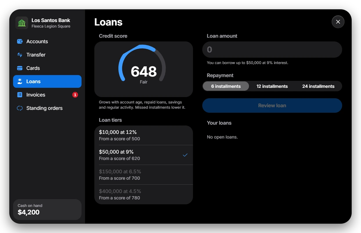 Loans screen with credit score, loan tiers and repayment options