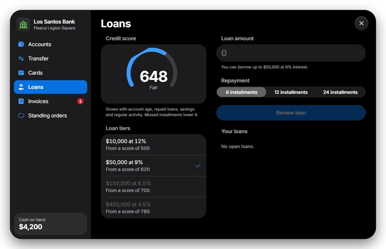 Loans screen with credit score, loan tiers and repayment options