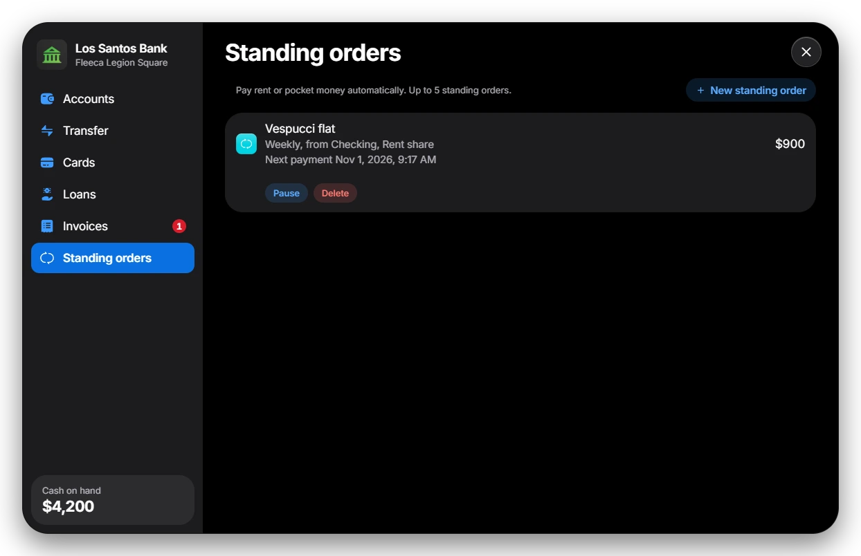 Standing orders screen