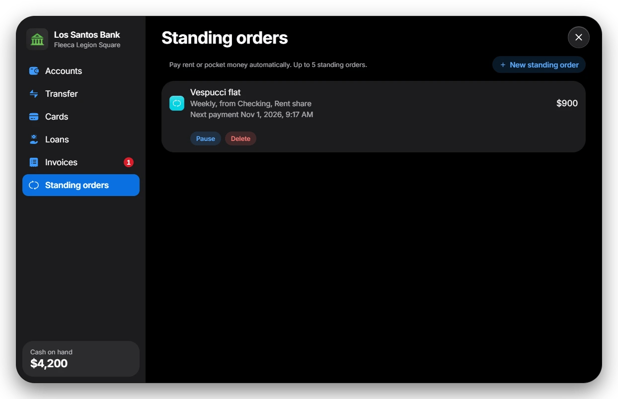 Standing orders screen