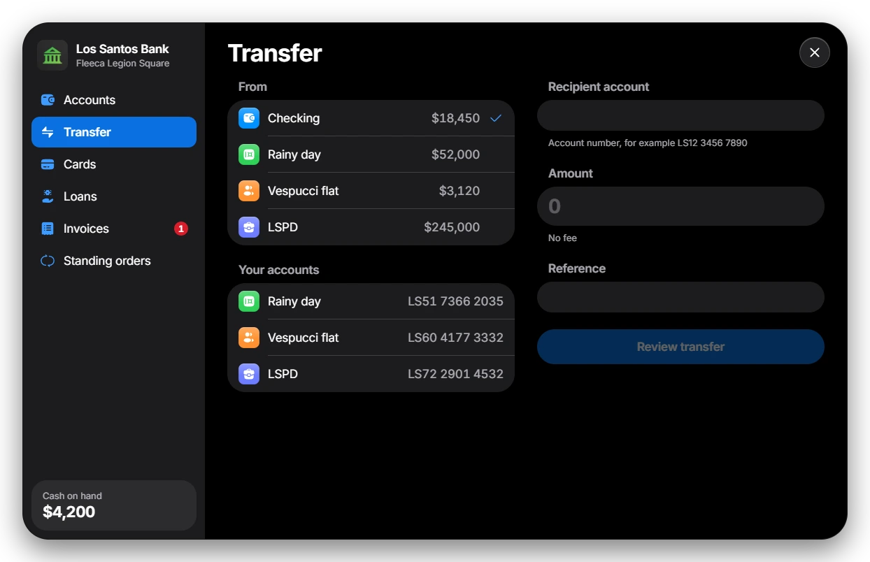 Transfer screen with account picker, recipient and amount