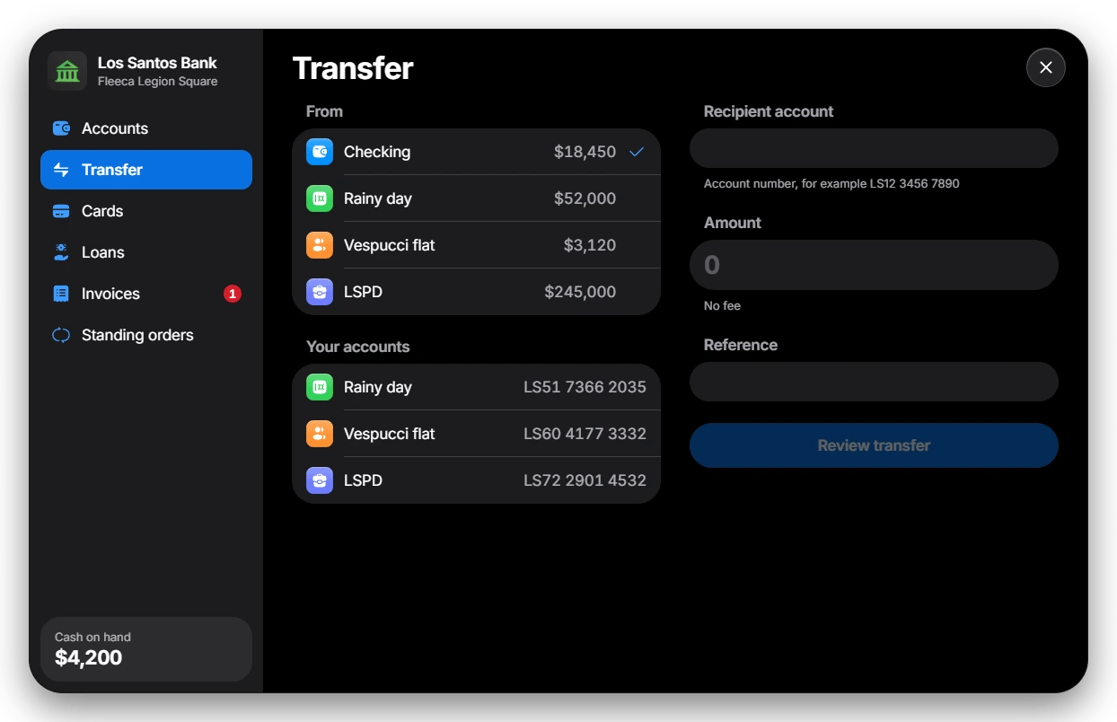 Transfer screen with account picker, recipient and amount