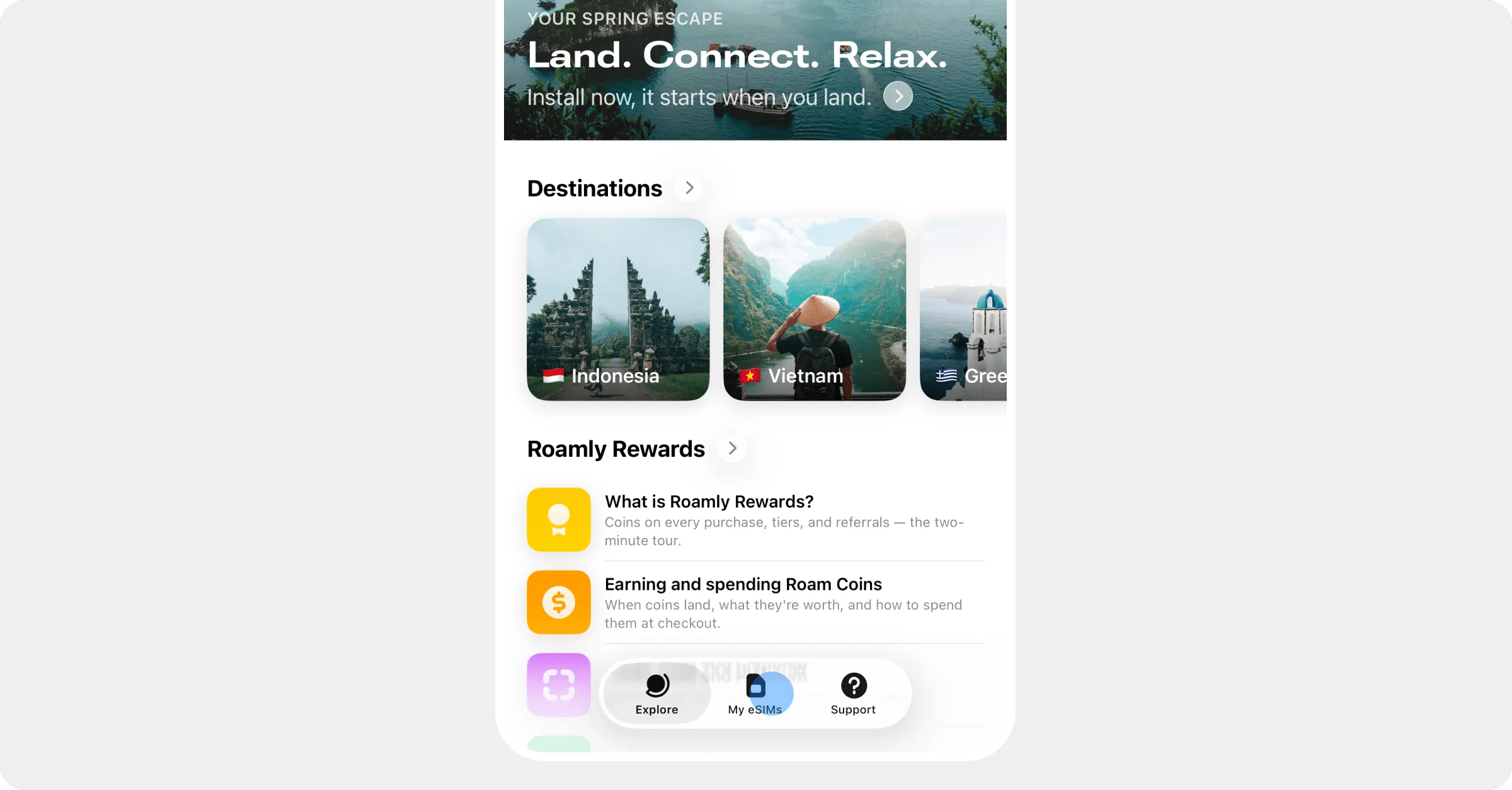 The Roamly app's tab bar with My eSIMs highlighted
