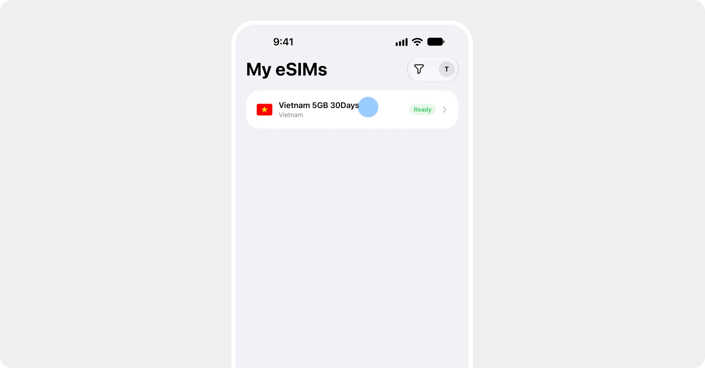 The My eSIMs list with a plan marked Ready