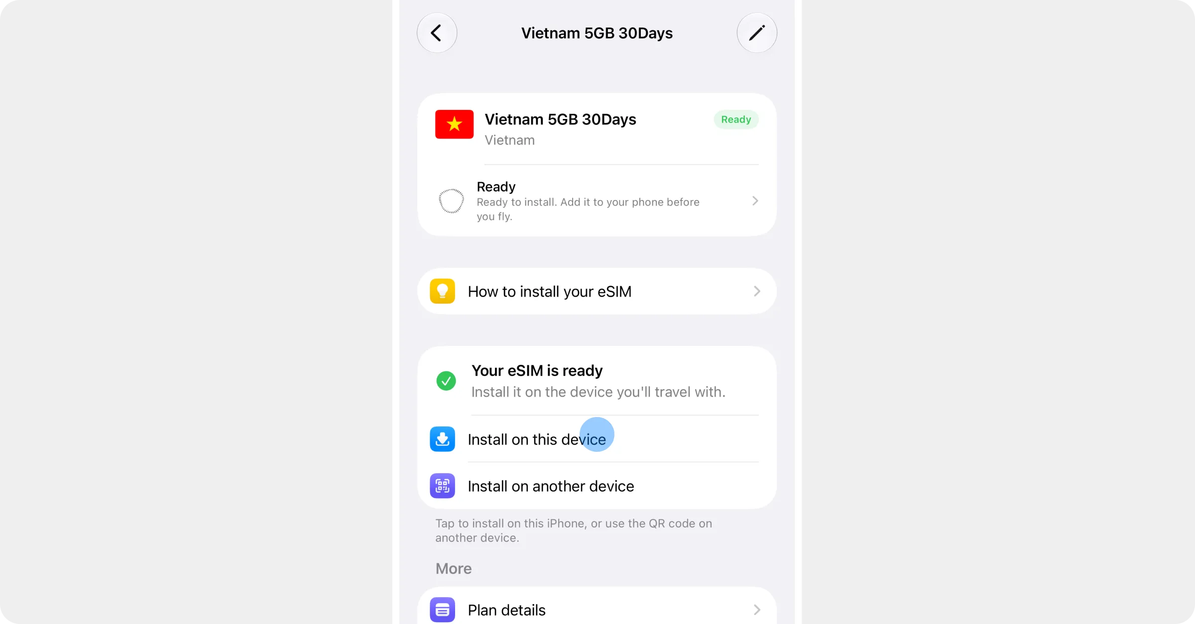 The plan page with Install on this device highlighted