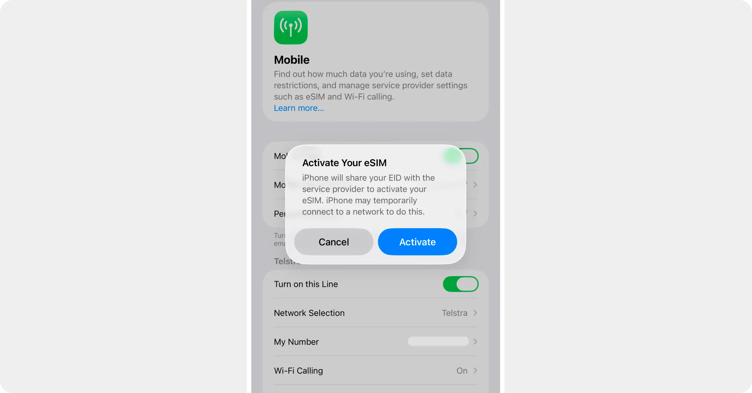 iOS asking to activate your eSIM, with the Activate button