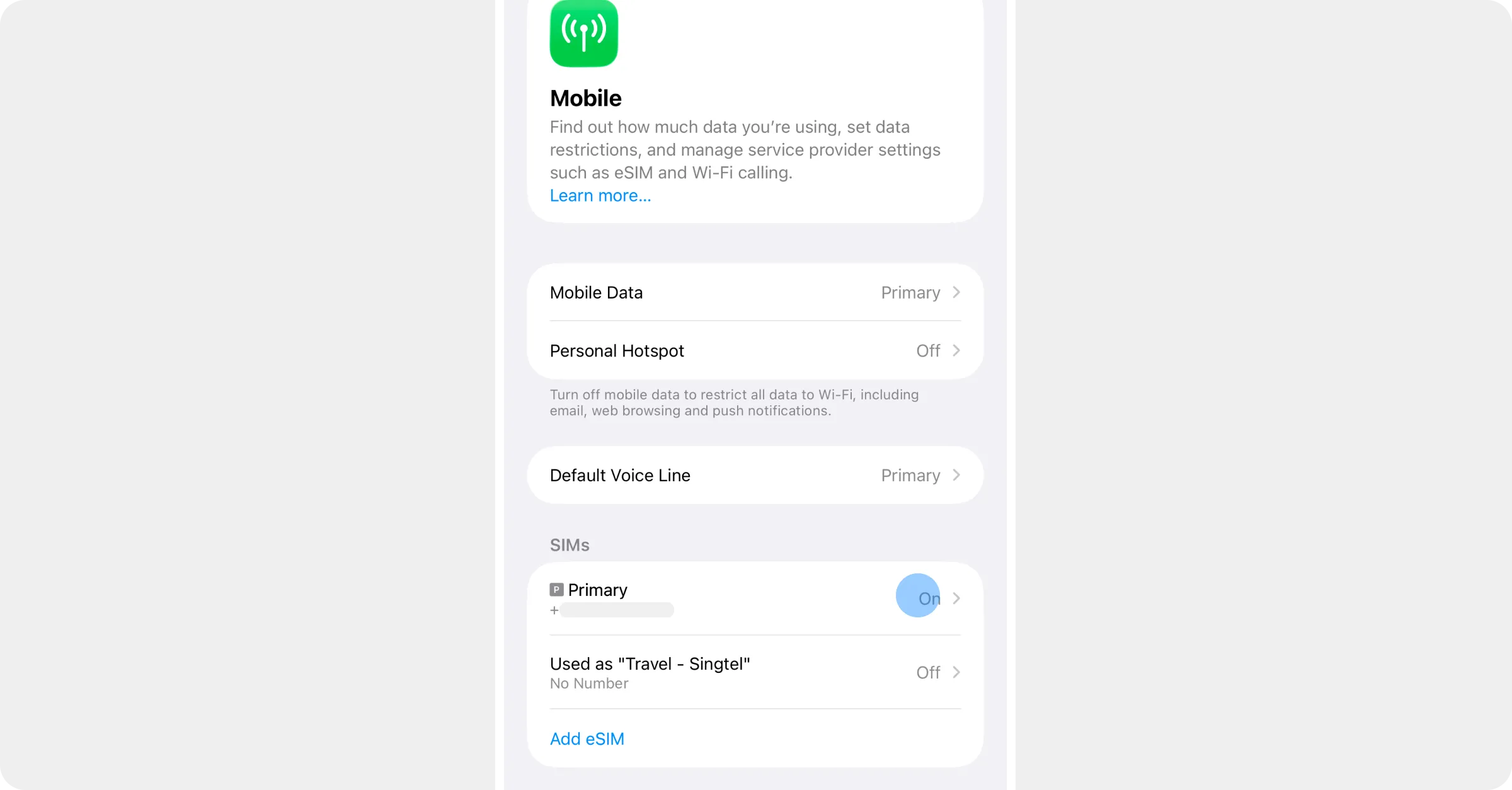 Settings → Mobile with the Primary SIM highlighted under SIMs