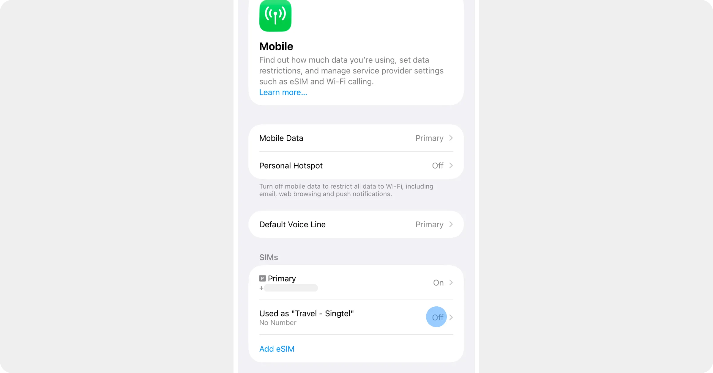 Settings → Mobile with the Roamly line highlighted under SIMs