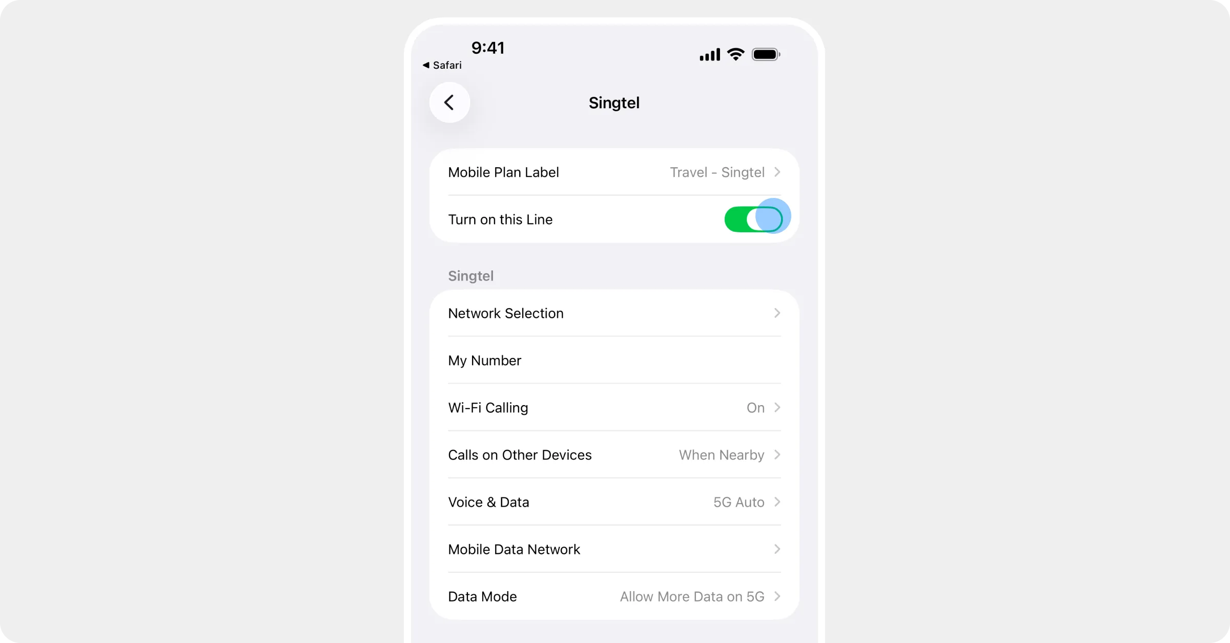 The Roamly line's settings with Turn on this Line switched on
