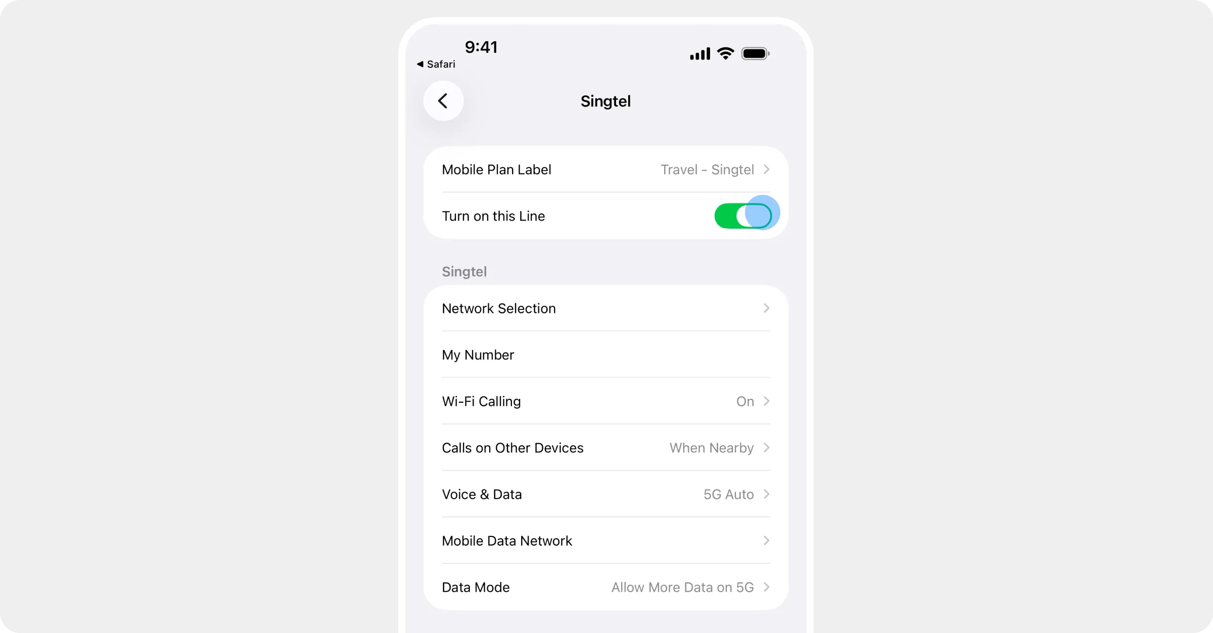 The Roamly line's settings with Turn on this Line switched on
