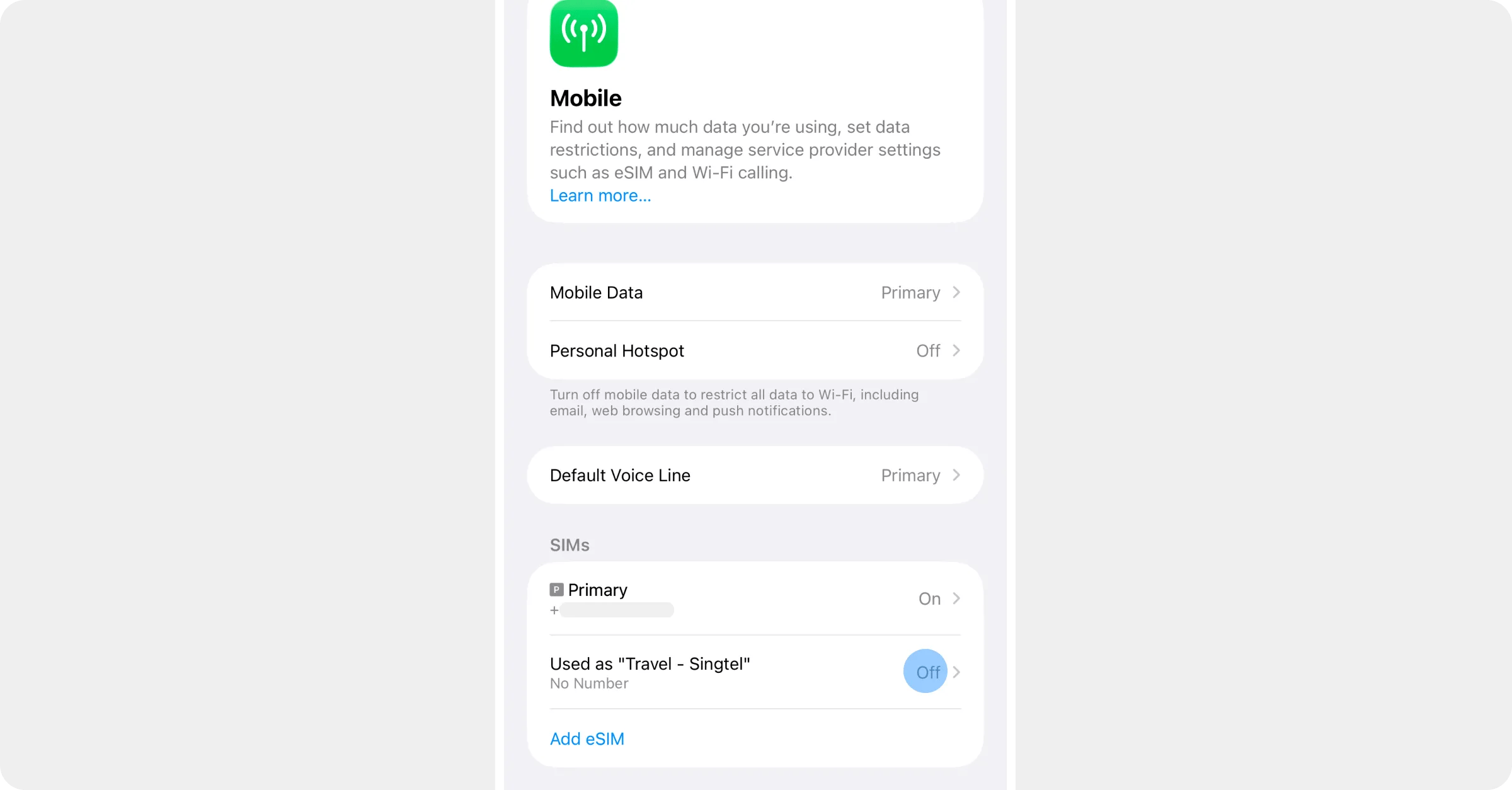 Settings → Mobile with the Roamly line highlighted under SIMs