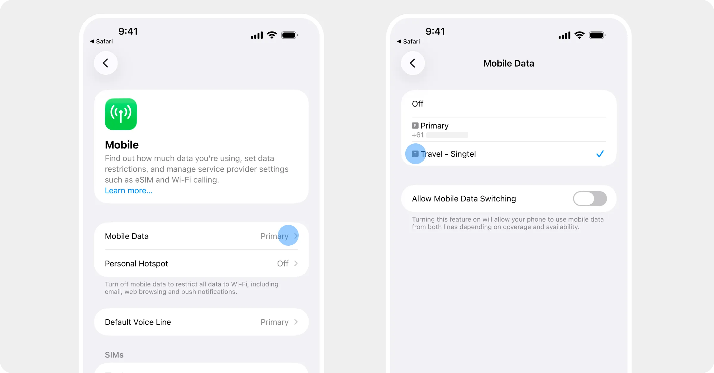 The Mobile Data row, then the picker with the Roamly line selected and Allow Mobile Data Switching off
