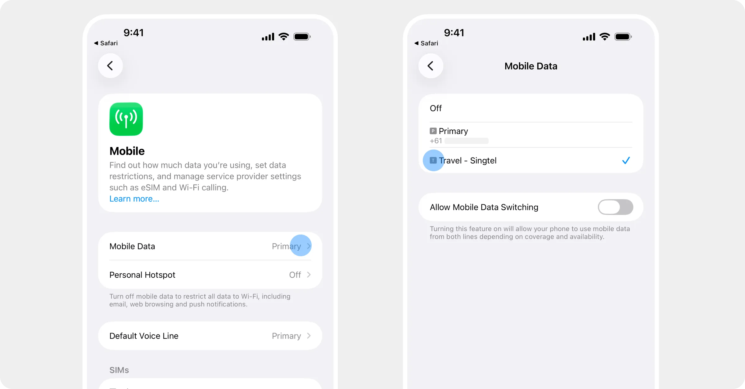 The Mobile Data row, then the picker with the Roamly line selected and Allow Mobile Data Switching off