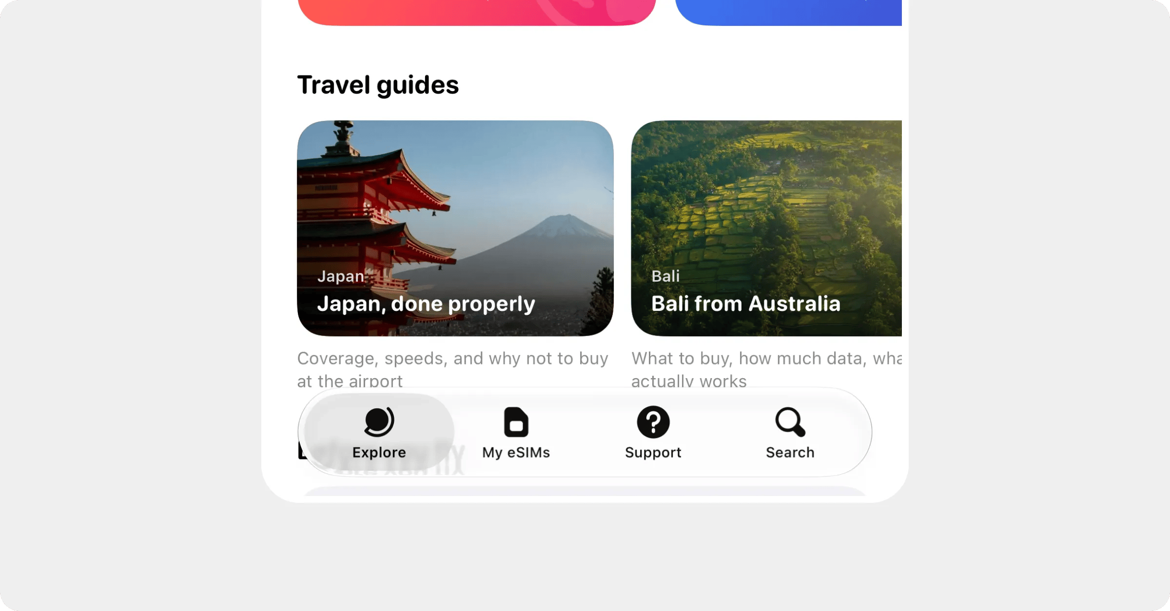 The tab bar: Explore, My eSIMs, Support and Search