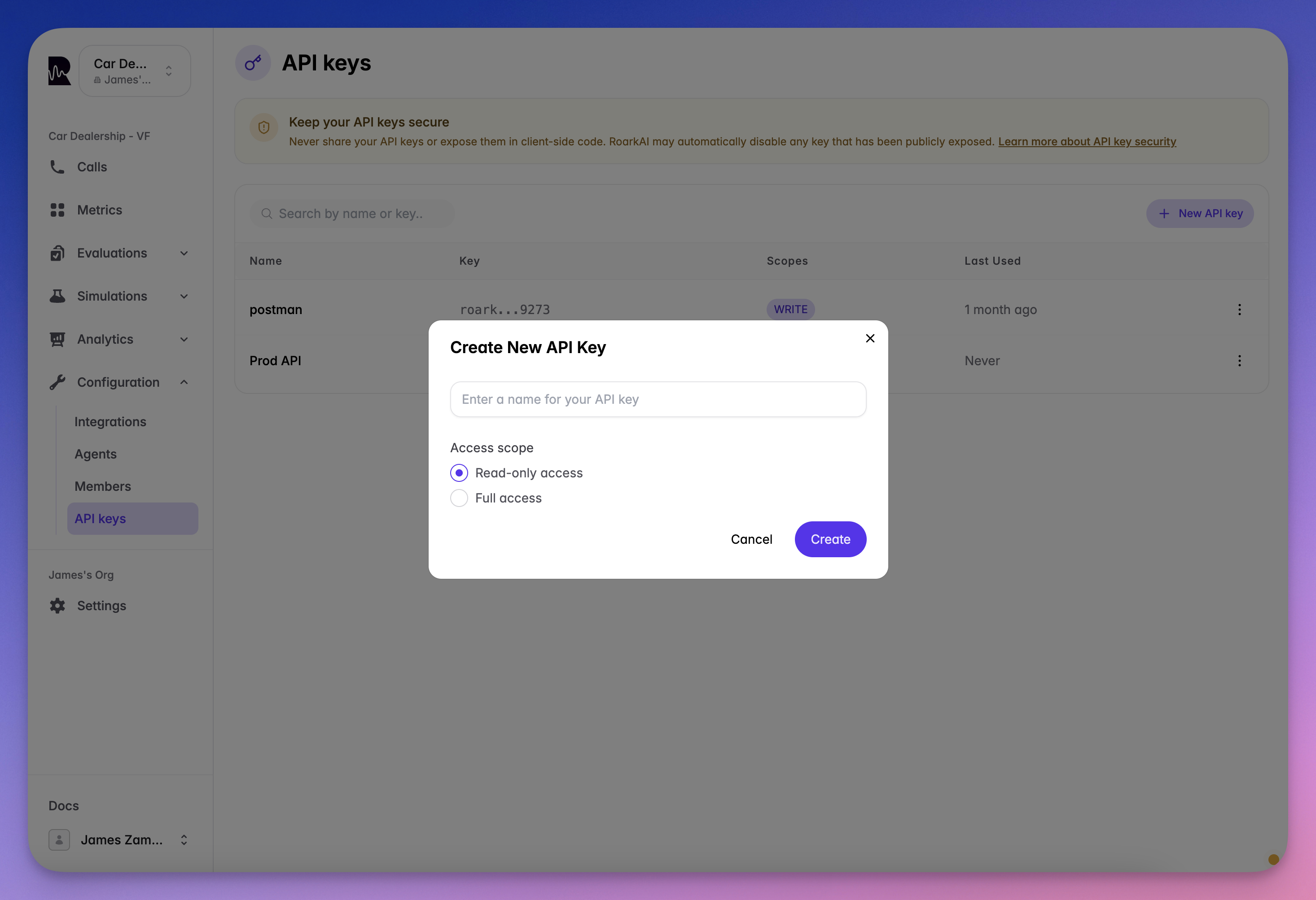 Create API Key Modal