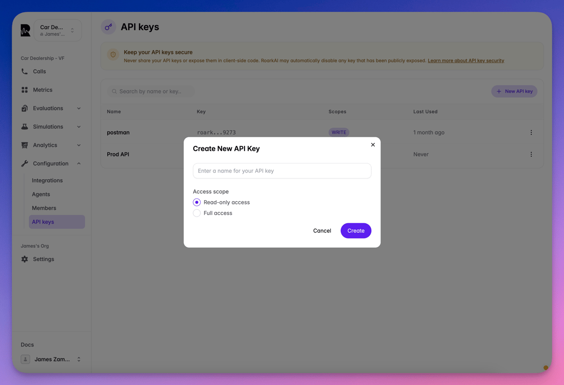 API Keys - Roark Docs