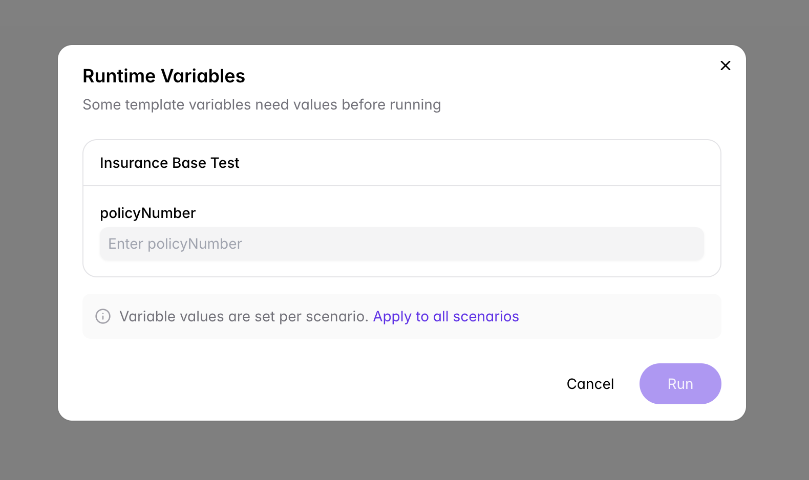 Runtime variables modal