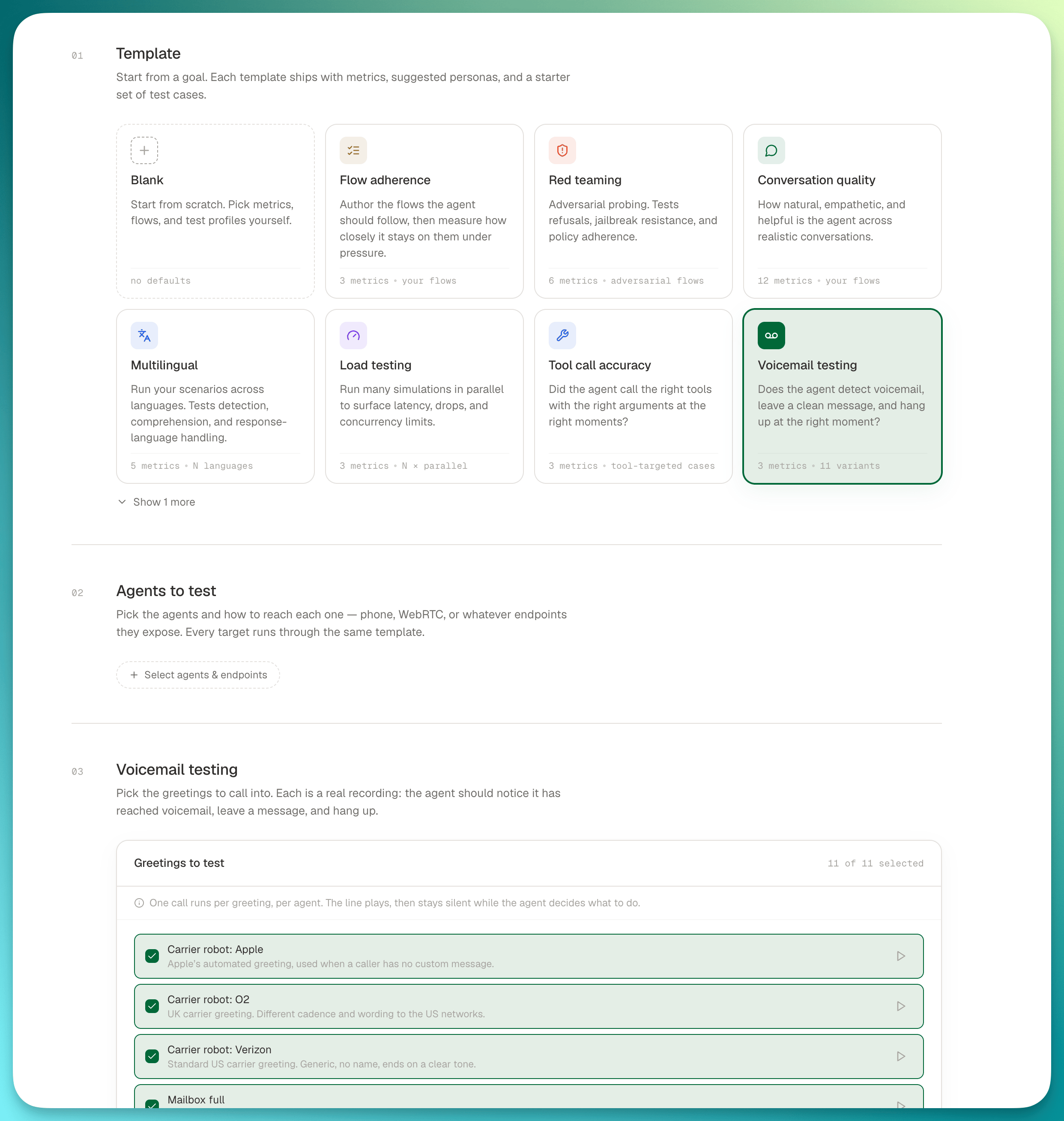 The create-run page with Voicemail testing selected, showing the Greetings to test panel with every greeting checked