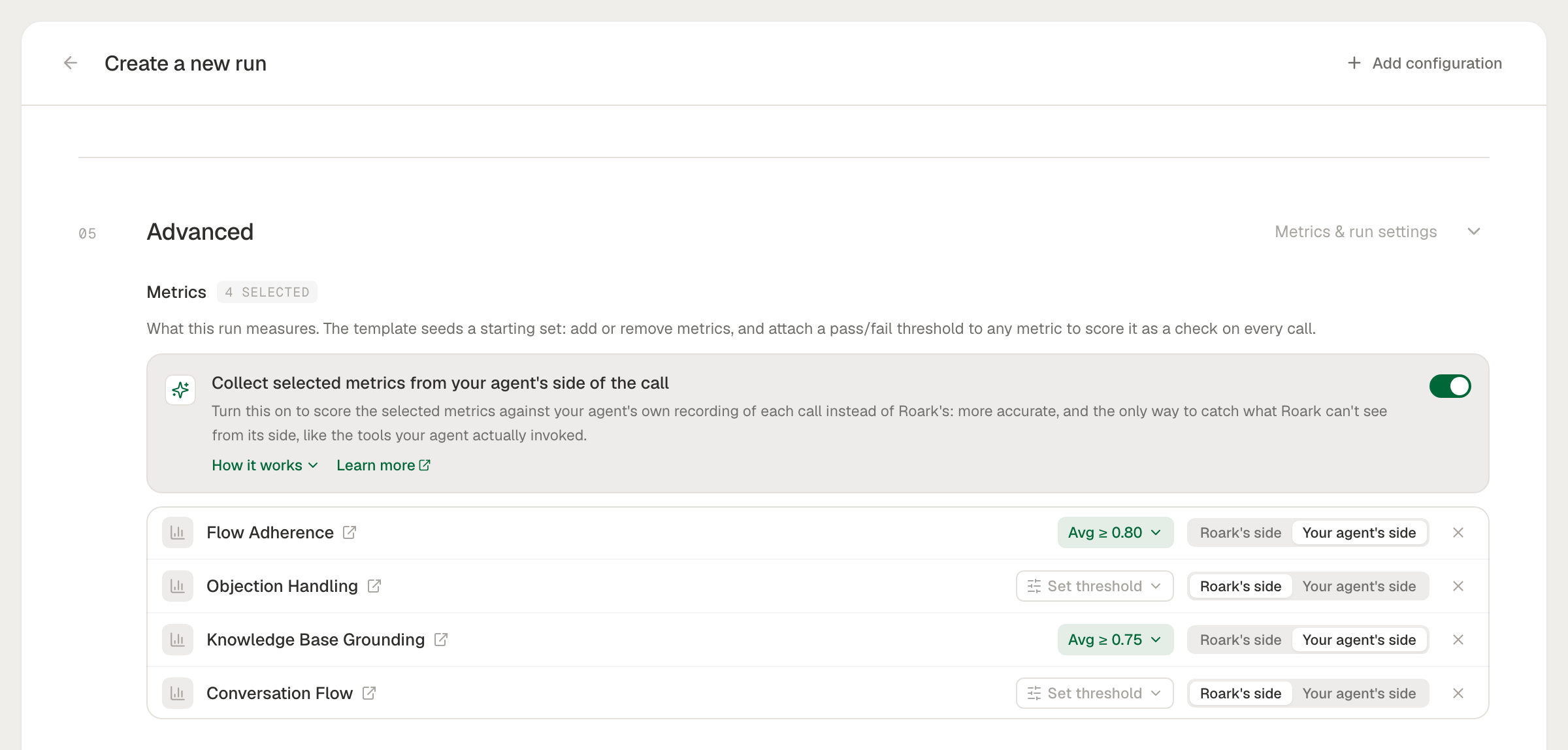 Create-run Metrics block with the 'Collect selected metrics from your agent's side of the call' toggle enabled, and each selected metric showing its per-call collection source