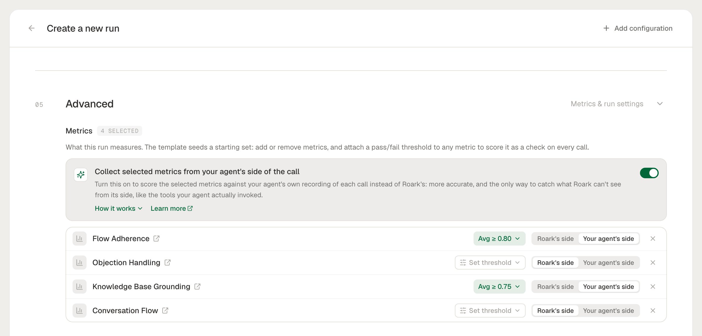 Create-run Metrics block with the 'Collect selected metrics from your agent's side of the call' toggle enabled, and each selected metric showing its per-call collection source