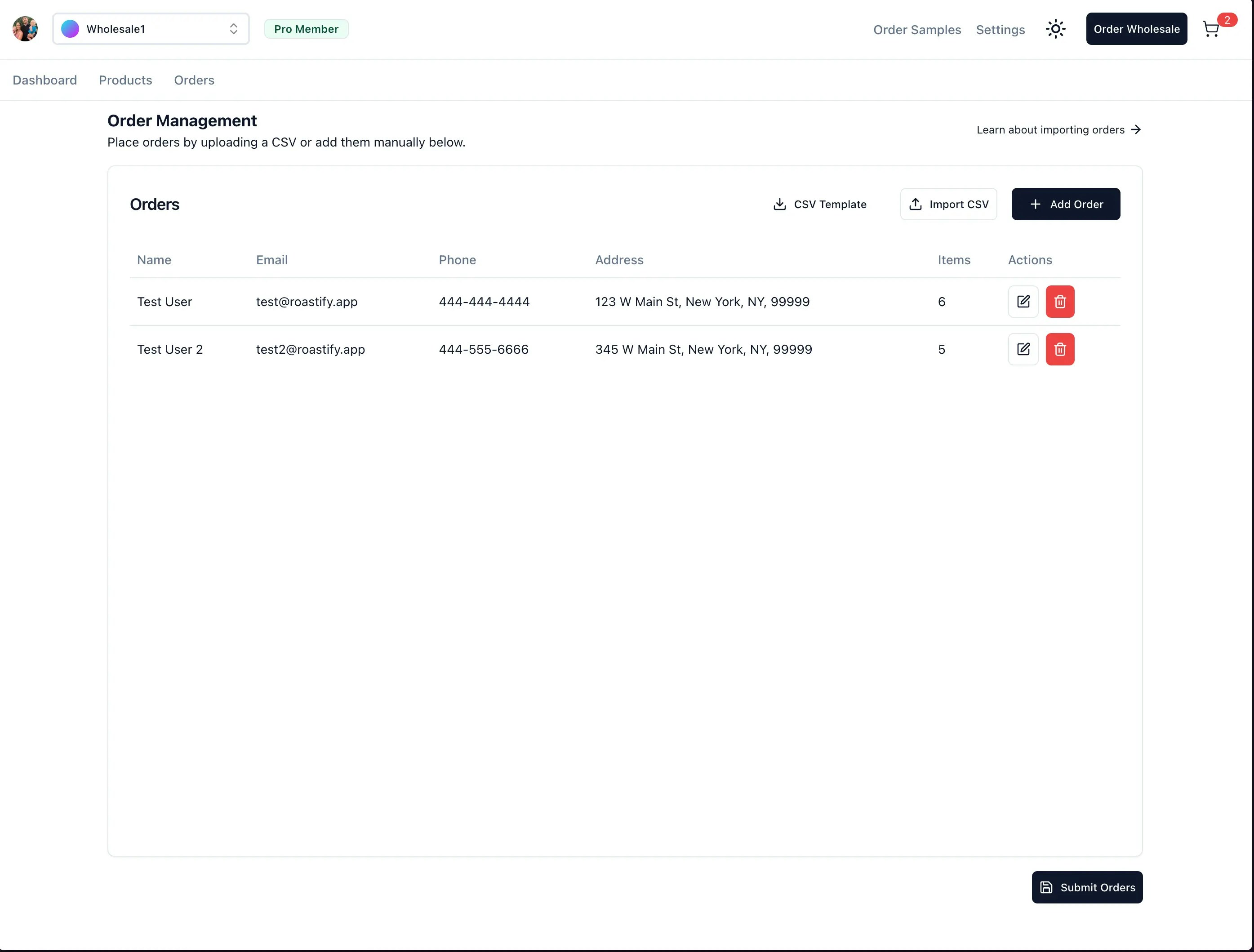 Order management screen