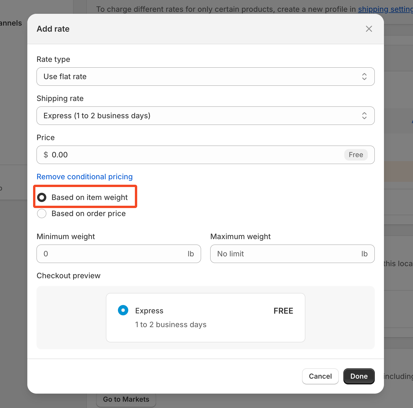 Weight-based shipping ranges