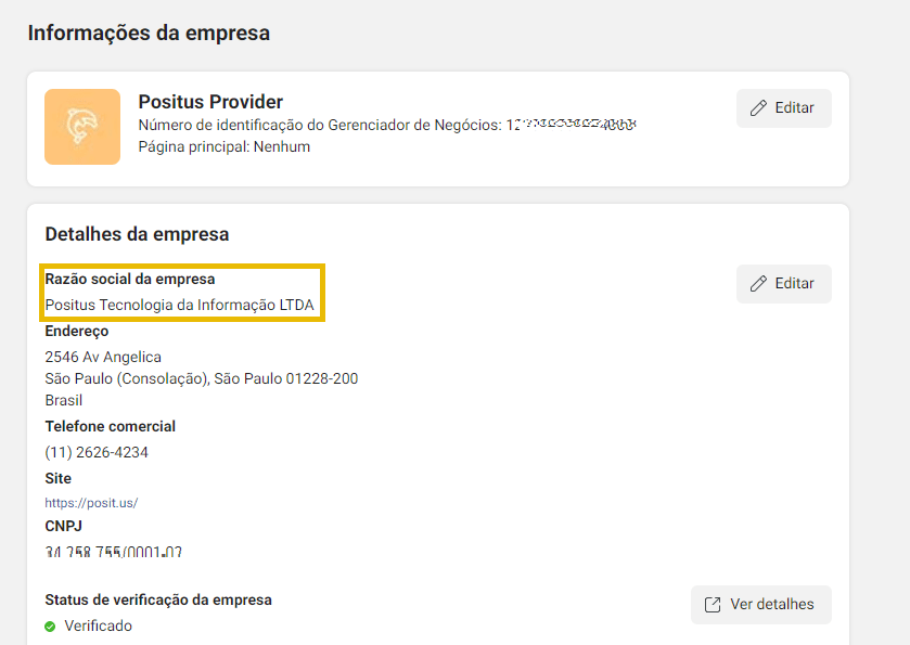 Exemplo de nome de exibição no Gerenciador de Negócios do Facebook