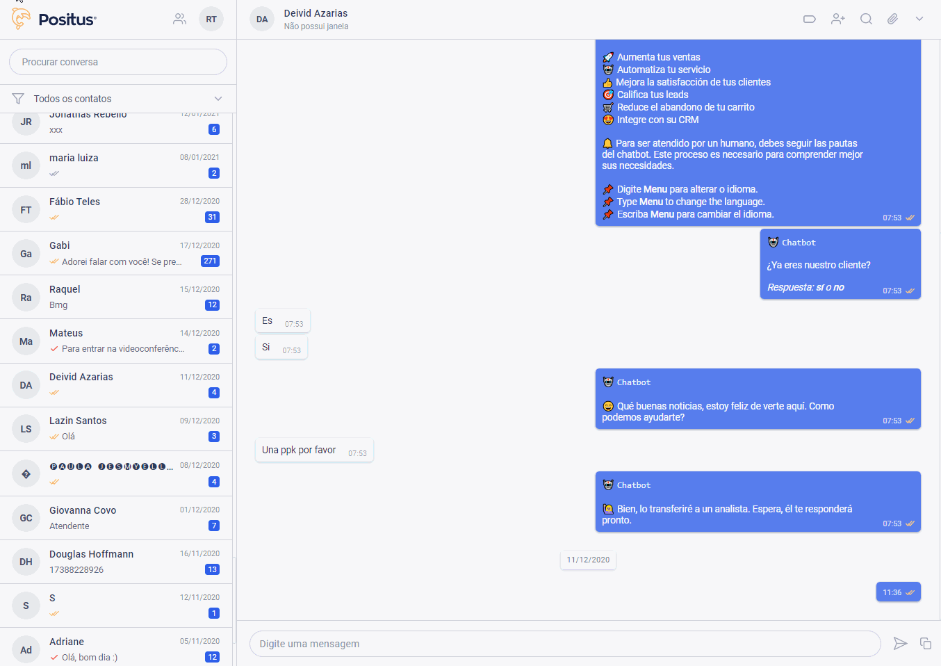Cadastrando um novo contato no Positus Messenger